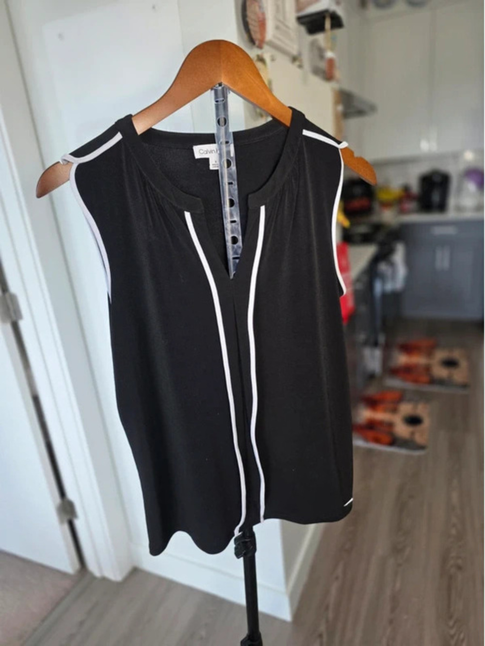 Calvin Klein Black Sleeveless Top with White Trim, Size S